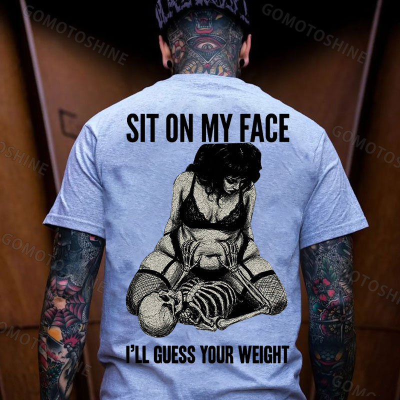SIT ON MY FACE I’LL GUESS YOUR WEIGHT Sensual Dark Humor Erotic Graphic Skeleton & Sexy Girl Print Men's T-shirt Image - 25