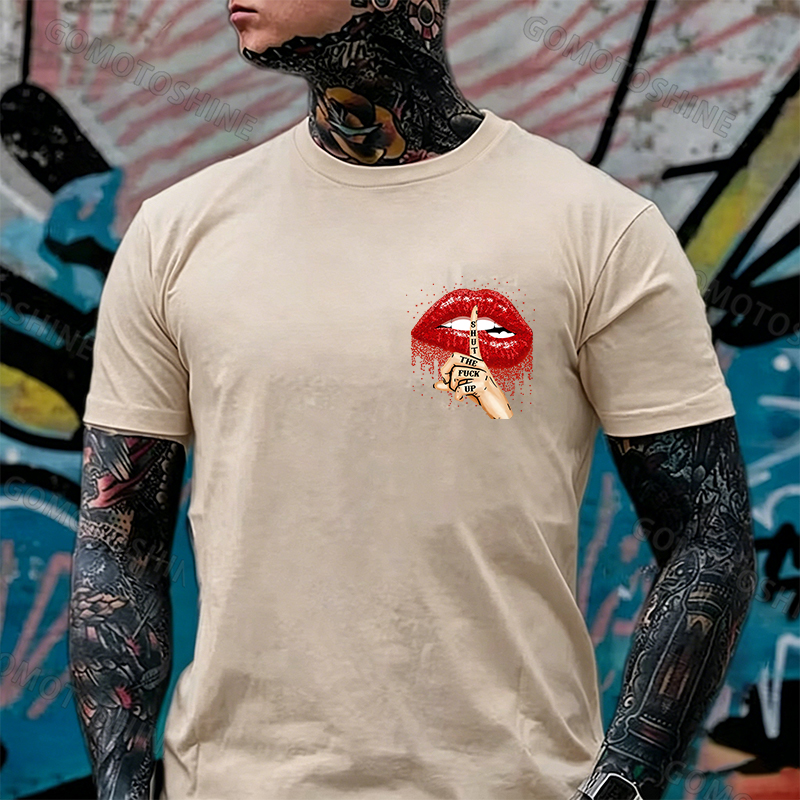 SHUT THE F*CK UP Sexy Lips Keeping Silent Black Print T-Shirt Image - 23