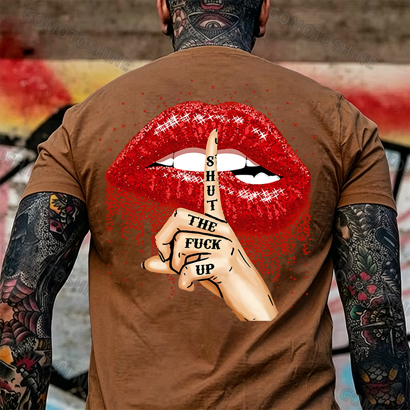 SHUT THE F*CK UP Sexy Lips Keeping Silent Black Print T-Shirt Image - 25