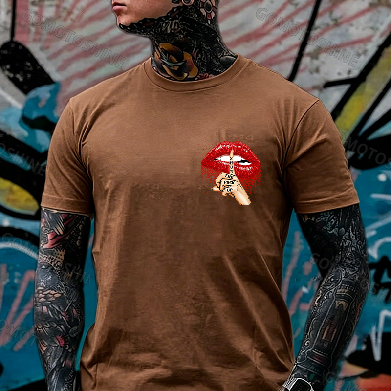 SHUT THE F*CK UP Sexy Lips Keeping Silent Black Print T-Shirt Image - 24