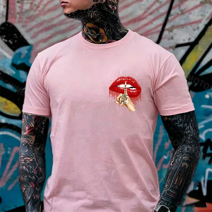 SHUT THE F*CK UP Sexy Lips Keeping Silent Black Print T-Shirt Image - 27