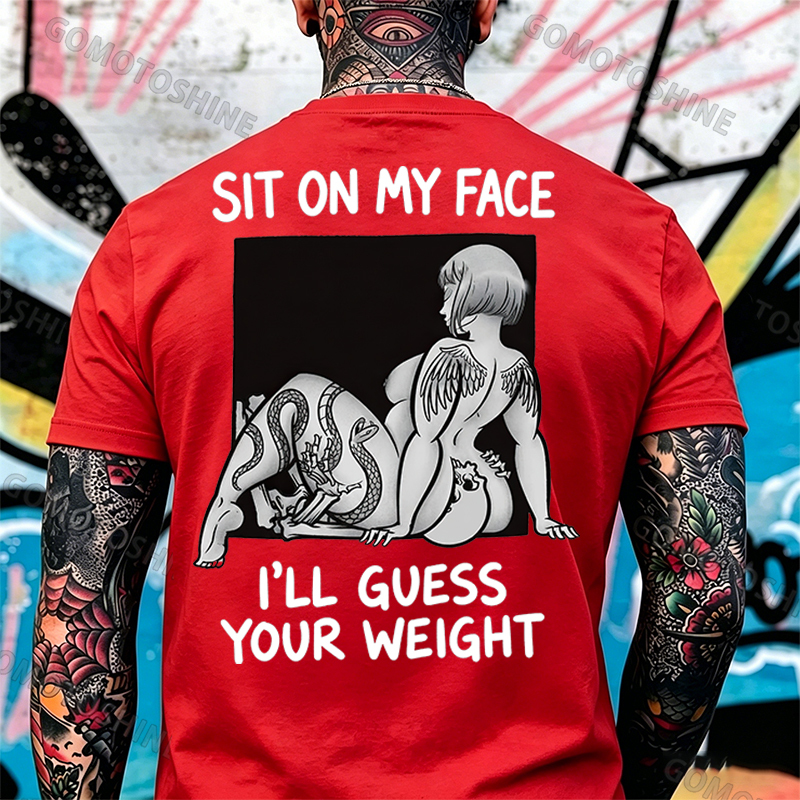 SIT ON MY FACE I'LL GUESS YOUR WEIGHT Tattoo Nude Woman & Skull Print Men's T-shirt Image - 11