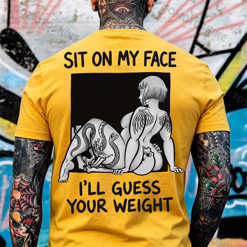 SIT ON MY FACE I'LL GUESS YOUR WEIGHT Tattoo Nude Woman & Skull Print Men's T-shirt Image - 16