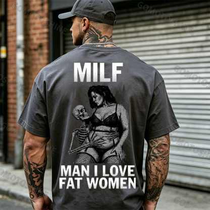 MILF Man I Love Fat Women Plussize Model & Skull Print Men's T-Shirt Image - 3