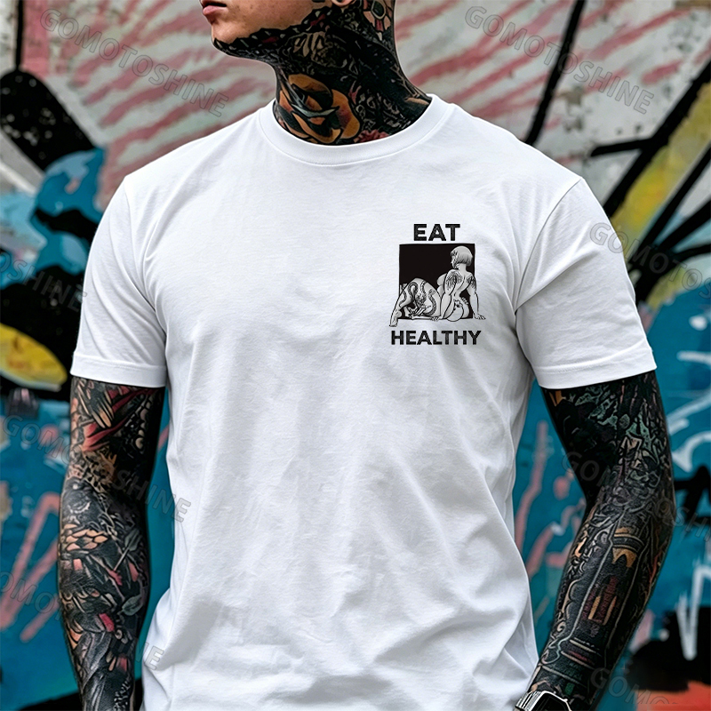 EAT HEALTHY Tattoo Nude Woman & Skull Adult Ironic Print Men's T-shirt Image - 2