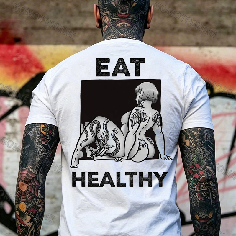 EAT HEALTHY Tattoo Nude Woman & Skull Adult Ironic Print Men's T-shirt Image - 1