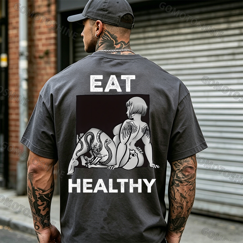 EAT HEALTHY Tattoo Nude Woman & Skull Adult Ironic Print Men's T-shirt Image - 6