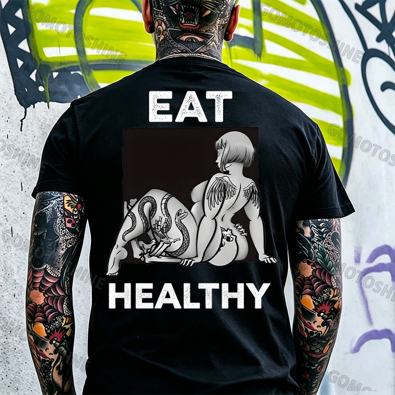 EAT HEALTHY Tattoo Nude Woman & Skull Adult Ironic Print Men's T-shirt Image - 25