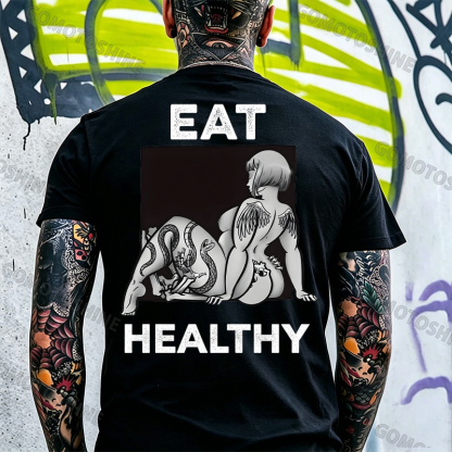 EAT HEALTHY Tattoo Nude Woman & Skull Adult Ironic Print Men's T-shirt Image - 25