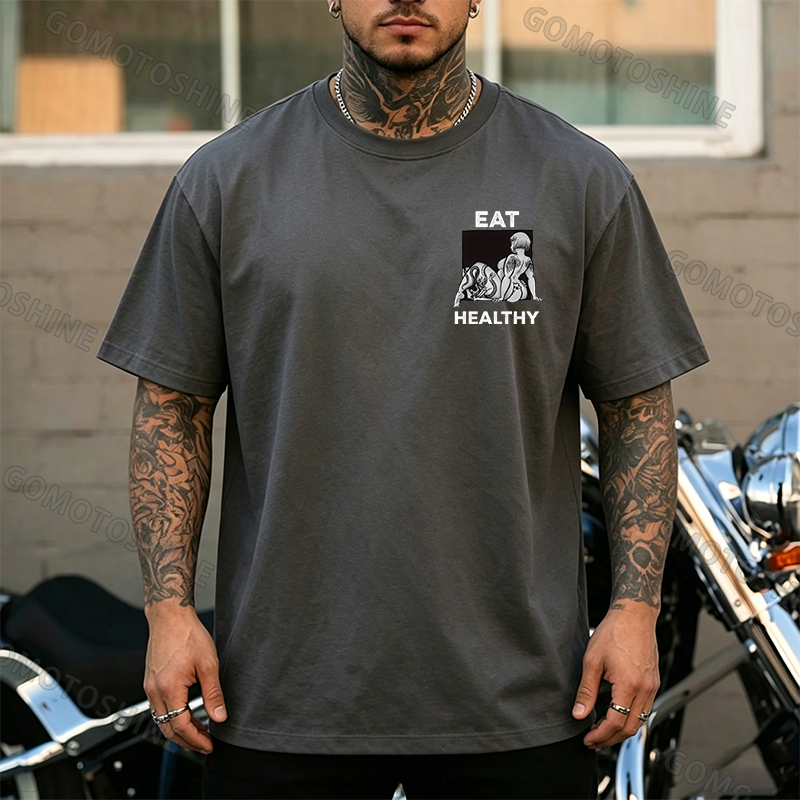 EAT HEALTHY Tattoo Nude Woman & Skull Adult Ironic Print Men's T-shirt Image - 5