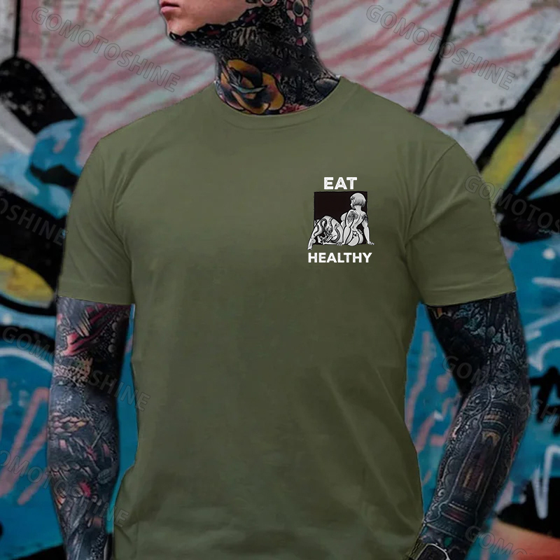 EAT HEALTHY Tattoo Nude Woman & Skull Adult Ironic Print Men's T-shirt Image - 3