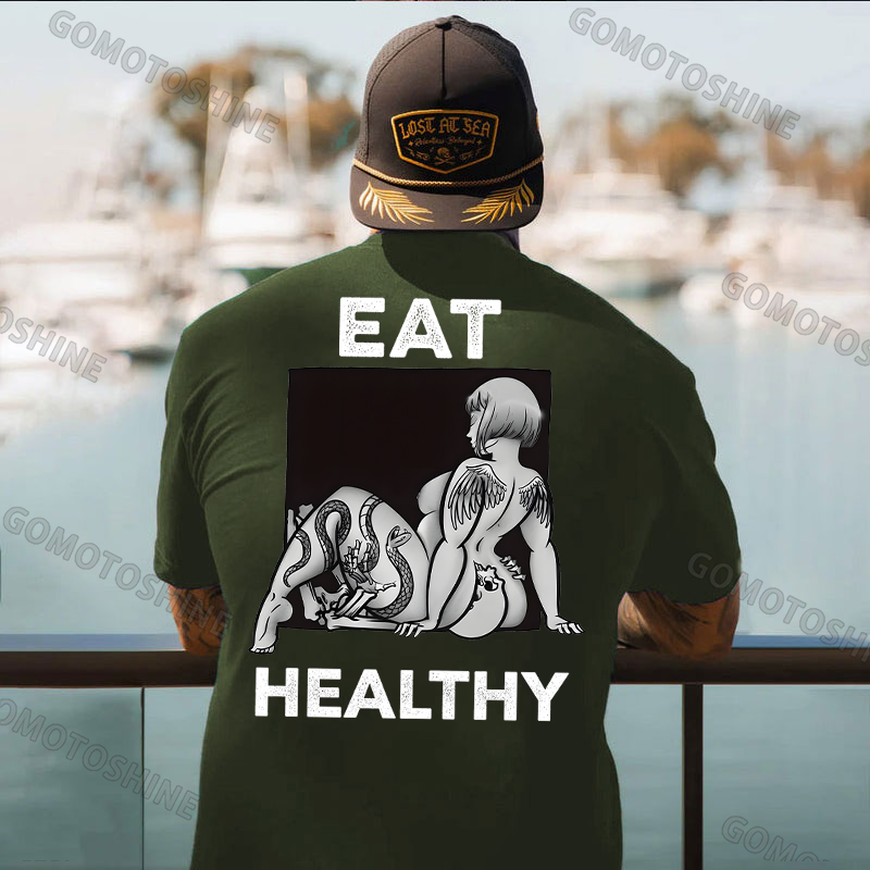 EAT HEALTHY Tattoo Nude Woman & Skull Adult Ironic Print Men's T-shirt Image - 4
