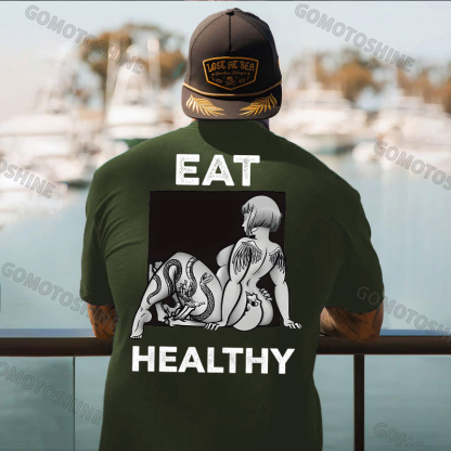 EAT HEALTHY Tattoo Nude Woman & Skull Adult Ironic Print Men's T-shirt Image - 4