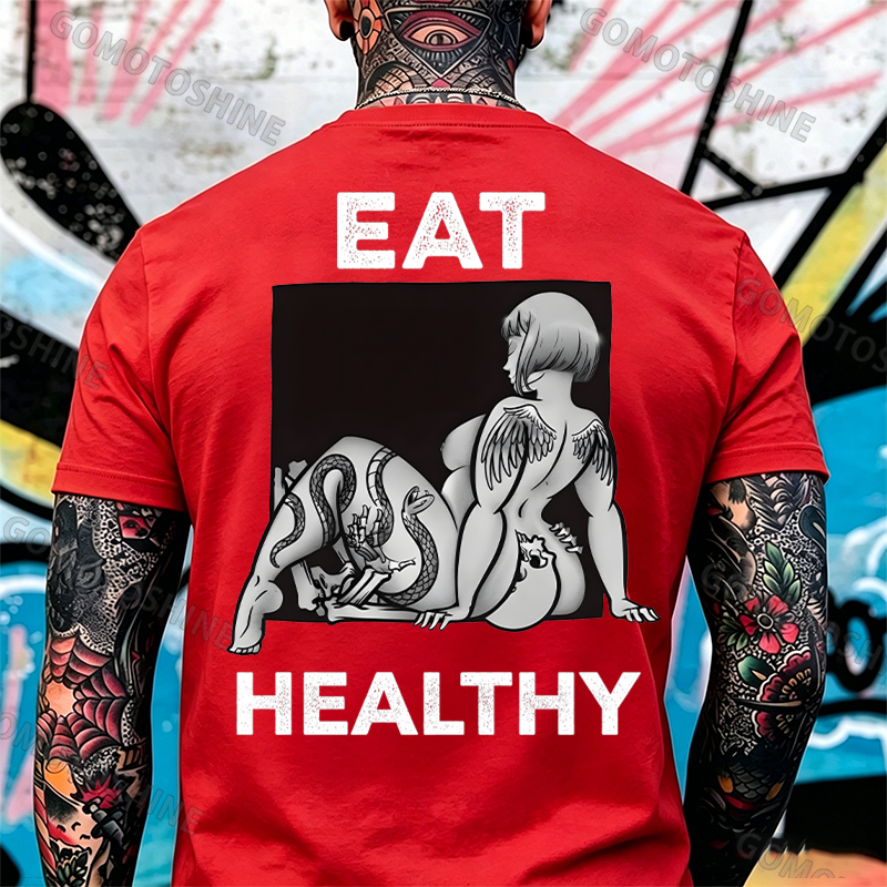 EAT HEALTHY Tattoo Nude Woman & Skull Adult Ironic Print Men's T-shirt Image - 9