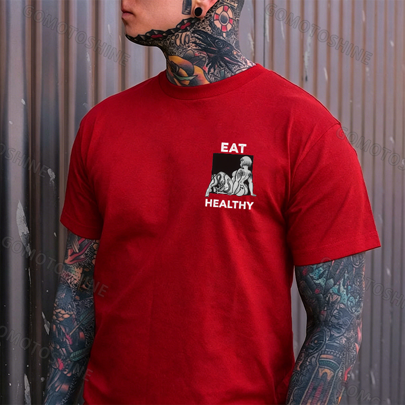 EAT HEALTHY Tattoo Nude Woman & Skull Adult Ironic Print Men's T-shirt Image - 10