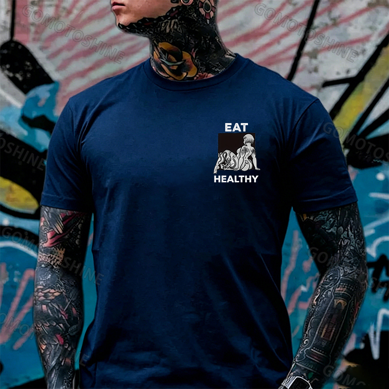 EAT HEALTHY Tattoo Nude Woman & Skull Adult Ironic Print Men's T-shirt Image - 8