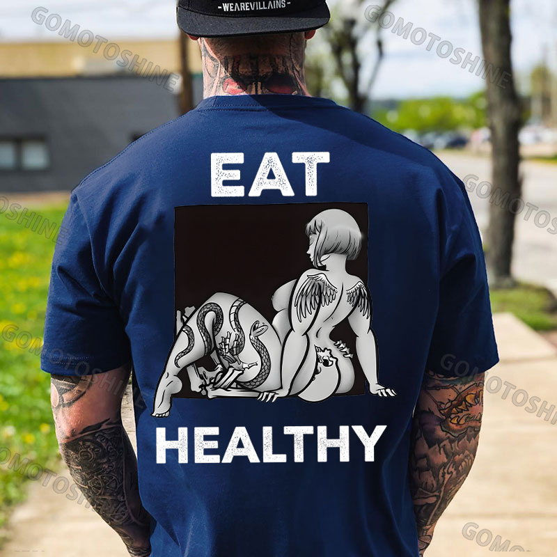 EAT HEALTHY Tattoo Nude Woman & Skull Adult Ironic Print Men's T-shirt Image - 7
