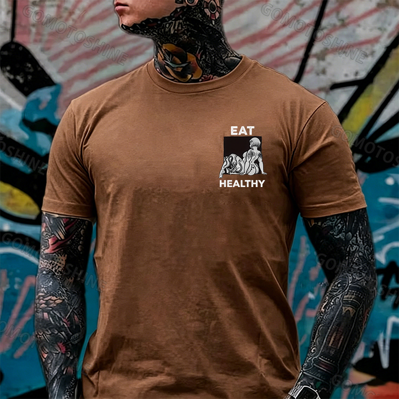 EAT HEALTHY Tattoo Nude Woman & Skull Adult Ironic Print Men's T-shirt Image - 11