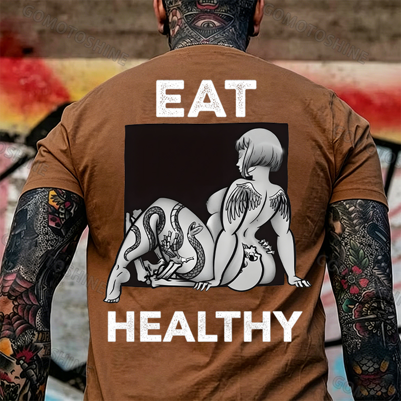 EAT HEALTHY Tattoo Nude Woman & Skull Adult Ironic Print Men's T-shirt Image - 12