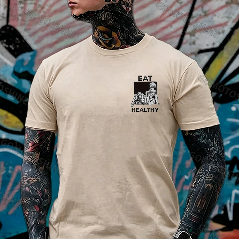 EAT HEALTHY Tattoo Nude Woman & Skull Adult Ironic Print Men's T-shirt Image - 13