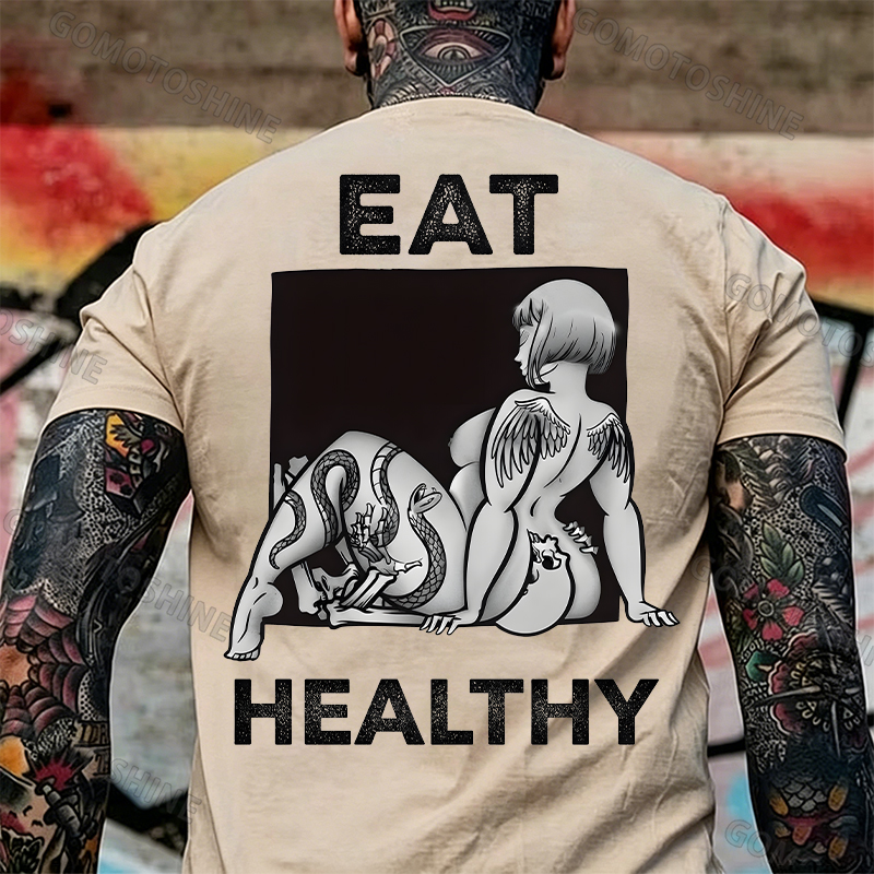 EAT HEALTHY Tattoo Nude Woman & Skull Adult Ironic Print Men's T-shirt Image - 14