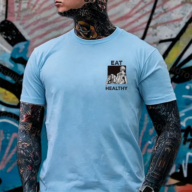 EAT HEALTHY Tattoo Nude Woman & Skull Adult Ironic Print Men's T-shirt Image - 15