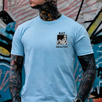 EAT HEALTHY Tattoo Nude Woman & Skull Adult Ironic Print Men's T-shirt Image - 15