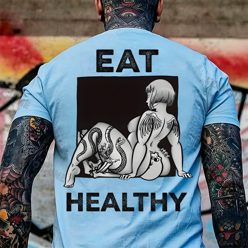 EAT HEALTHY Tattoo Nude Woman & Skull Adult Ironic Print Men's T-shirt Image - 16