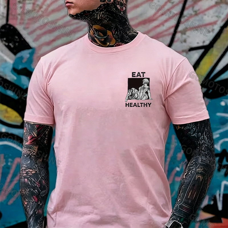 EAT HEALTHY Tattoo Nude Woman & Skull Adult Ironic Print Men's T-shirt Image - 17