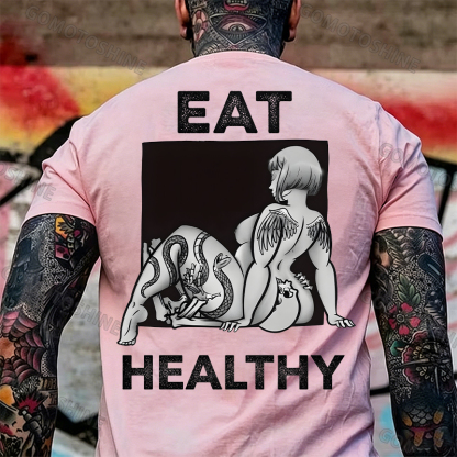 EAT HEALTHY Tattoo Nude Woman & Skull Adult Ironic Print Men's T-shirt Image - 18