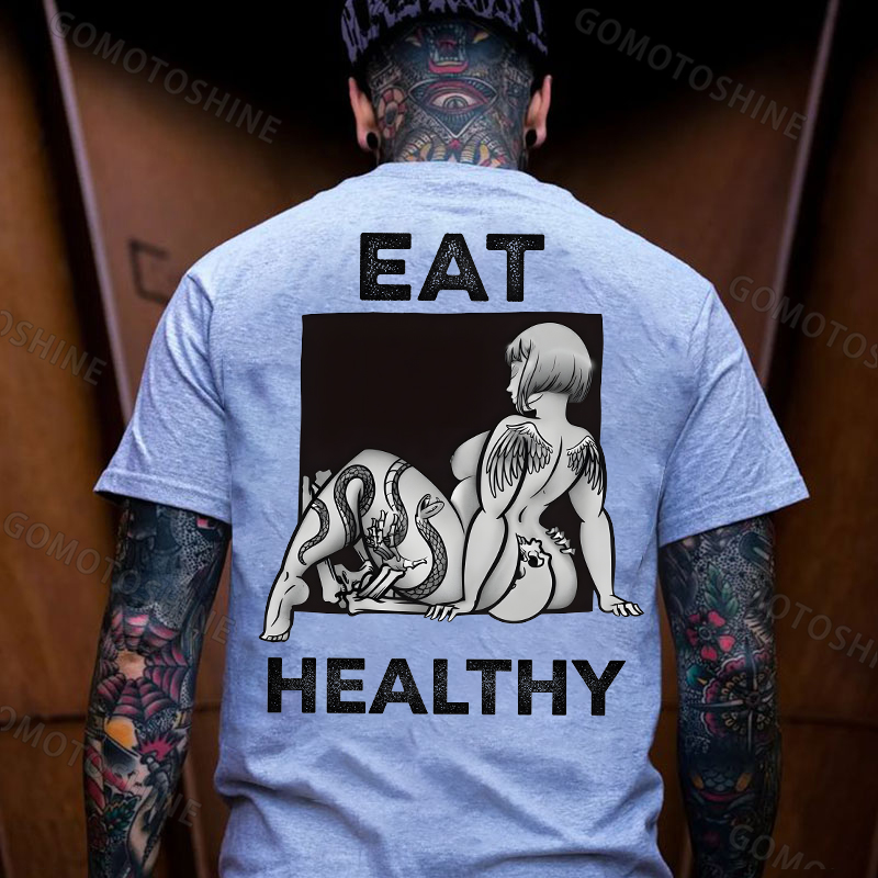 EAT HEALTHY Tattoo Nude Woman & Skull Adult Ironic Print Men's T-shirt Image - 20