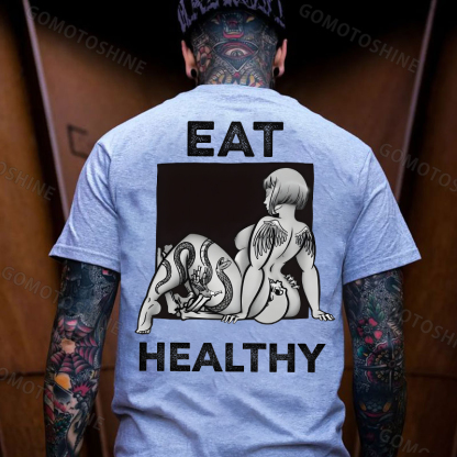 EAT HEALTHY Tattoo Nude Woman & Skull Adult Ironic Print Men's T-shirt Image - 20
