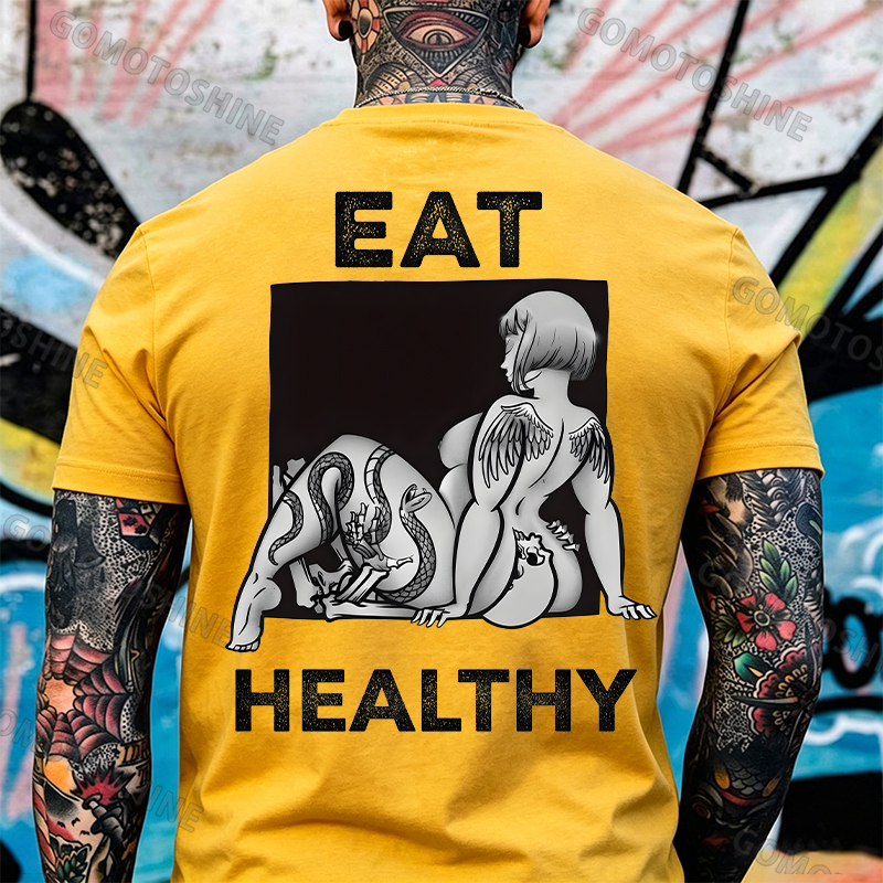 EAT HEALTHY Tattoo Nude Woman & Skull Adult Ironic Print Men's T-shirt Image - 22