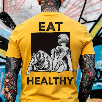 EAT HEALTHY Tattoo Nude Woman & Skull Adult Ironic Print Men's T-shirt Image - 22