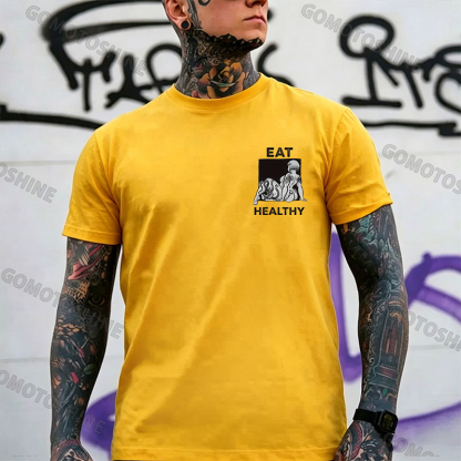 EAT HEALTHY Tattoo Nude Woman & Skull Adult Ironic Print Men's T-shirt Image - 21