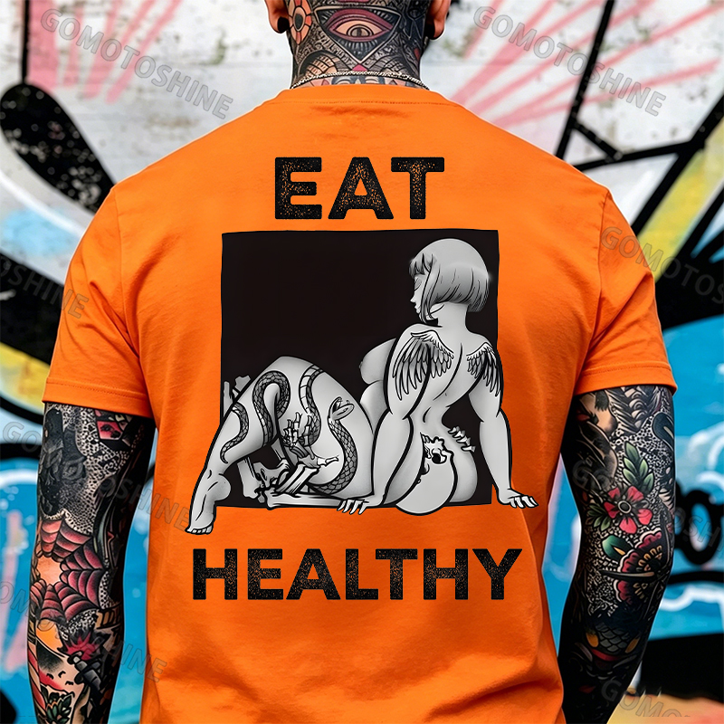EAT HEALTHY Tattoo Nude Woman & Skull Adult Ironic Print Men's T-shirt Image - 23