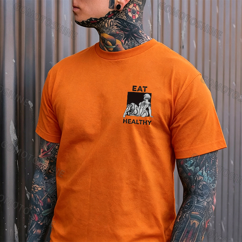 EAT HEALTHY Tattoo Nude Woman & Skull Adult Ironic Print Men's T-shirt Image - 24