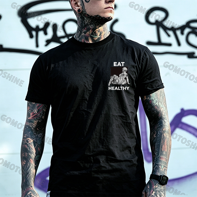 EAT HEALTHY Tattoo Nude Woman & Skull Adult Ironic Print Men's T-shirt Image - 26