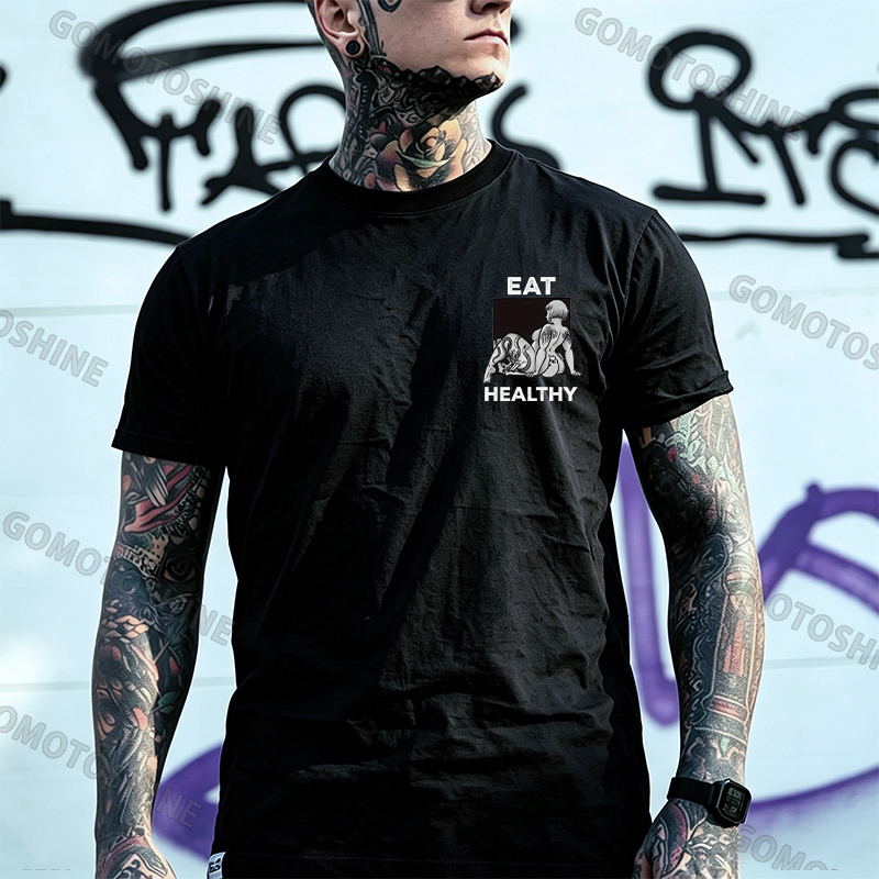 EAT HEALTHY Tattoo Nude Woman & Skull Adult Ironic Print Men's T-shirt Image - 26