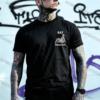 EAT HEALTHY Tattoo Nude Woman & Skull Adult Ironic Print Men's T-shirt Image - 26