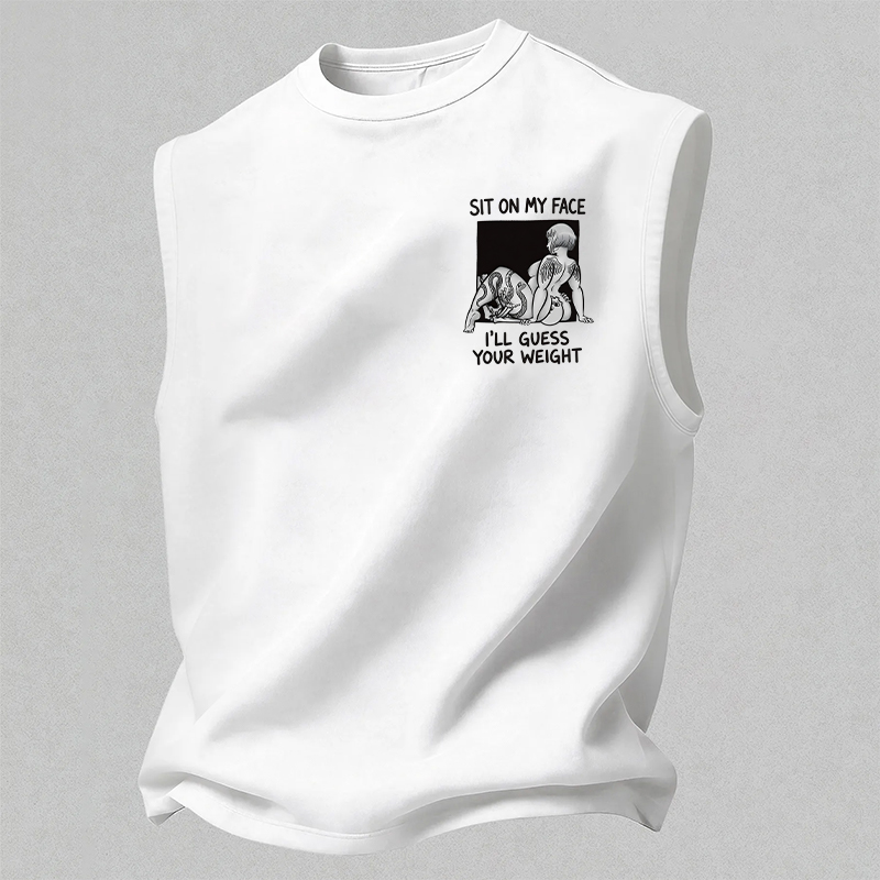 SIT ON MY FACE I'LL GUESS YOUR WEIGHT Tattoo Sexy Woman & Skull Print Men's Vest Image - 2