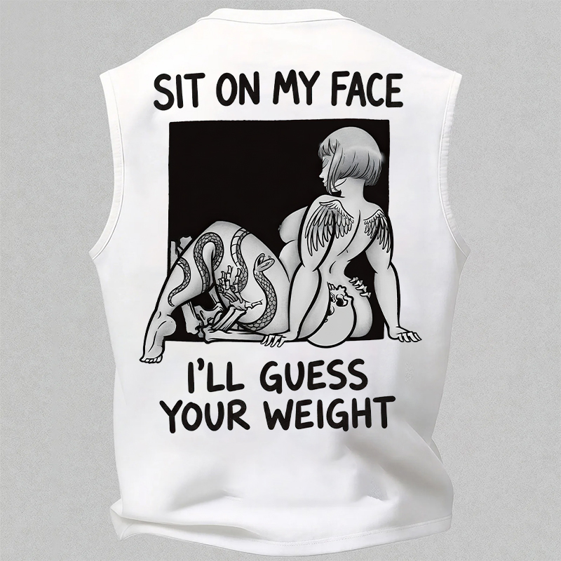 SIT ON MY FACE I'LL GUESS YOUR WEIGHT Tattoo Sexy Woman & Skull Print Men's Vest Image - 3