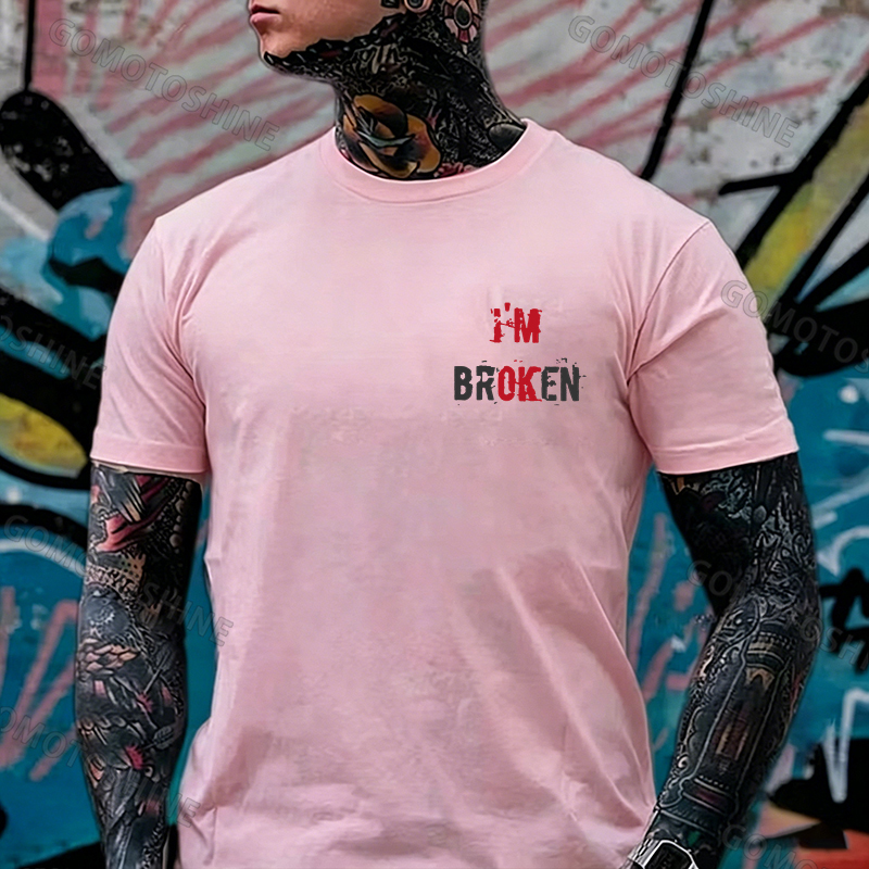 I’M BROKEN Letters Graphic Casual Simple White and Black Print T-shirt Image - 26