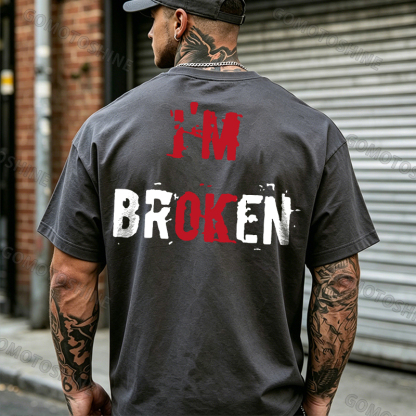 I’M BROKEN Letters Graphic Casual Simple White and Black Print T-shirt Image - 16