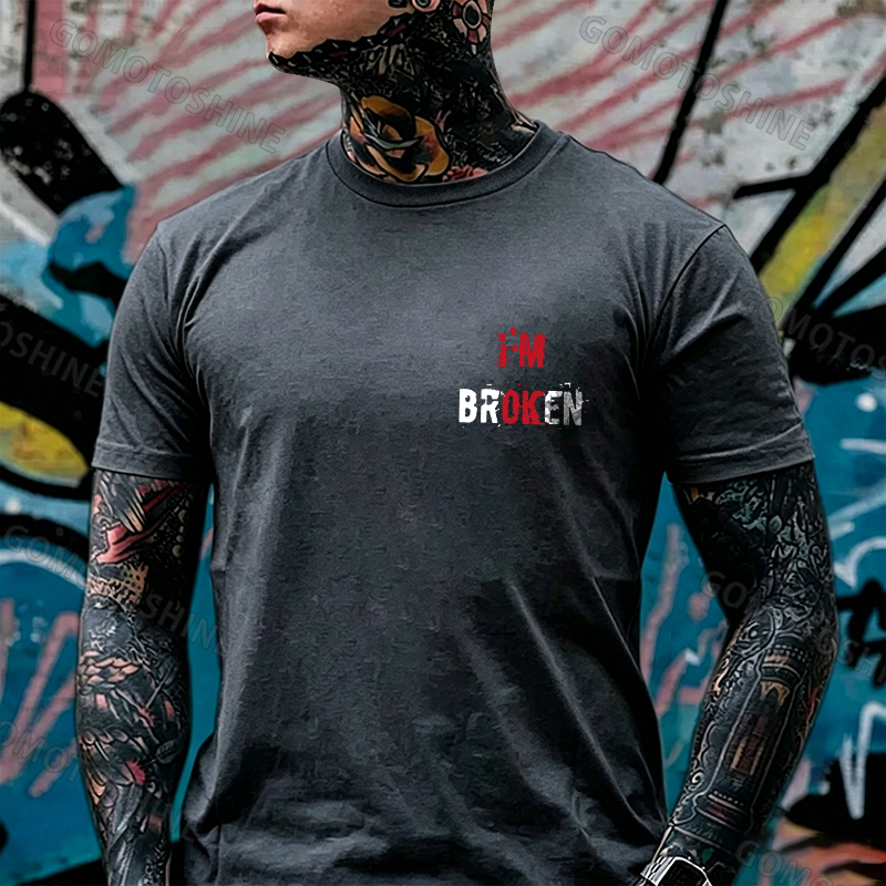 I’M BROKEN Letters Graphic Casual Simple White and Black Print T-shirt Image - 15