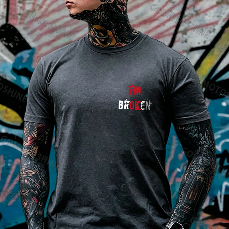 I’M BROKEN Letters Graphic Casual Simple White and Black Print T-shirt Image - 15