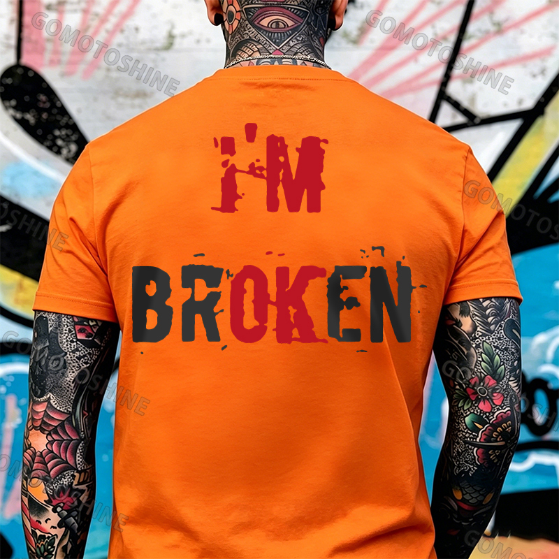 I’M BROKEN Letters Graphic Casual Simple White and Black Print T-shirt Image - 23