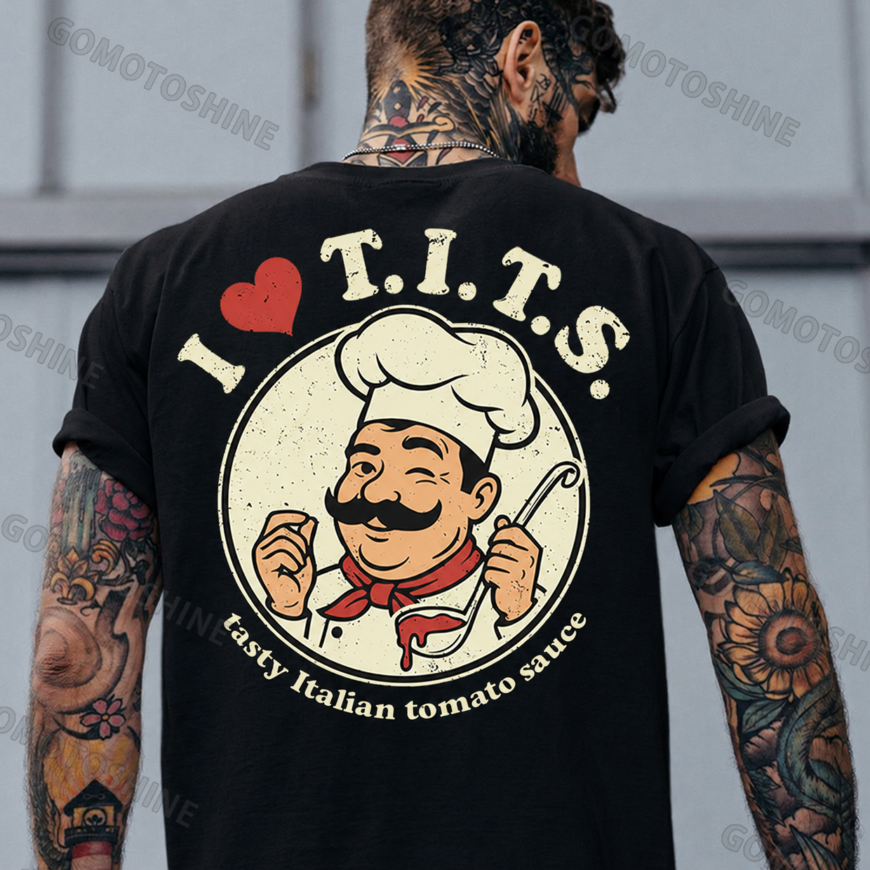 I Love Tits Tasty Italian Tomato Sauce NSFW Parody & Vintage Italian Food Mashup Italian Chef Acronym Meme Print Men's T-Shirt Image - 2