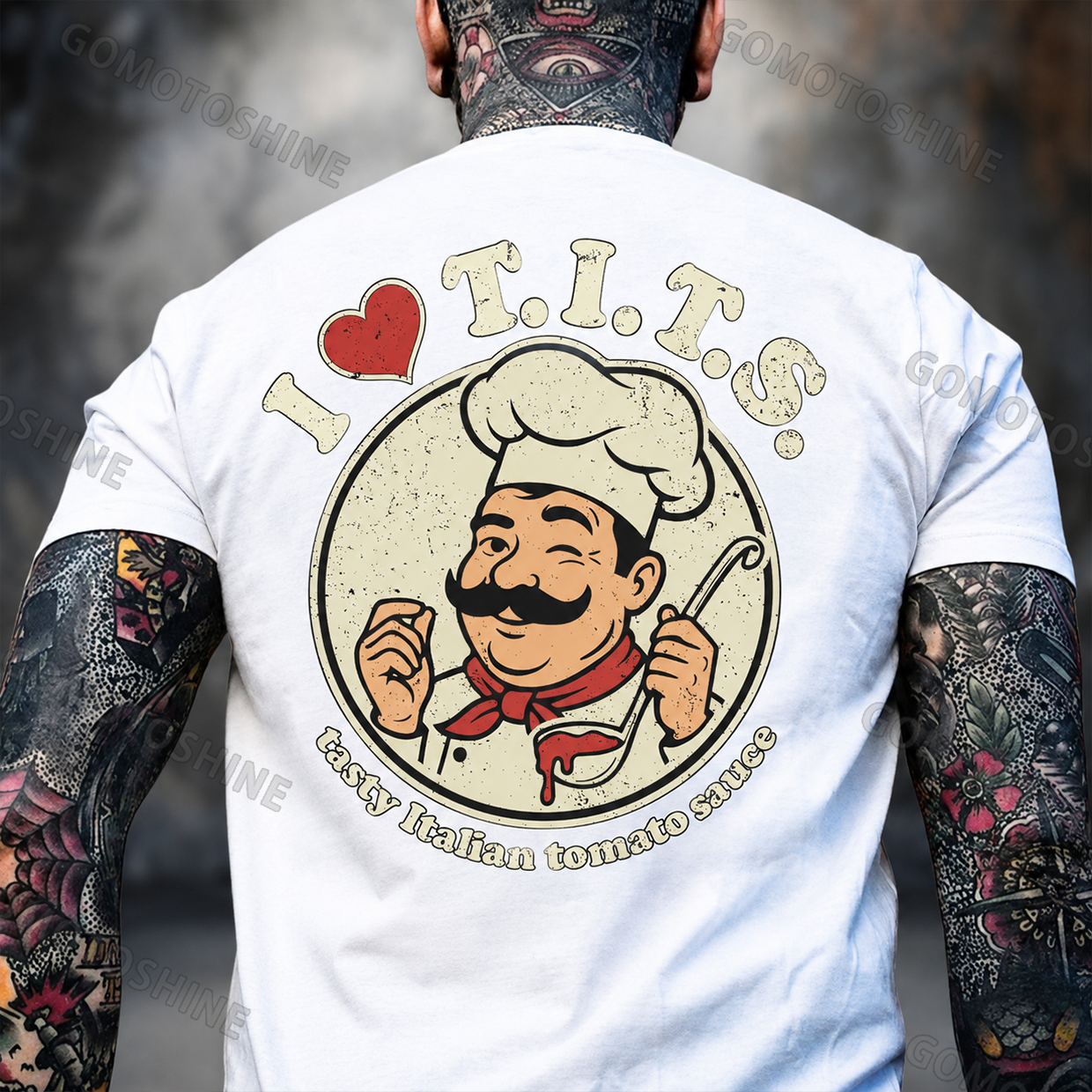 I Love Tits Tasty Italian Tomato Sauce NSFW Parody & Vintage Italian Food Mashup Italian Chef Acronym Meme Print Men's T-Shirt Image - 1
