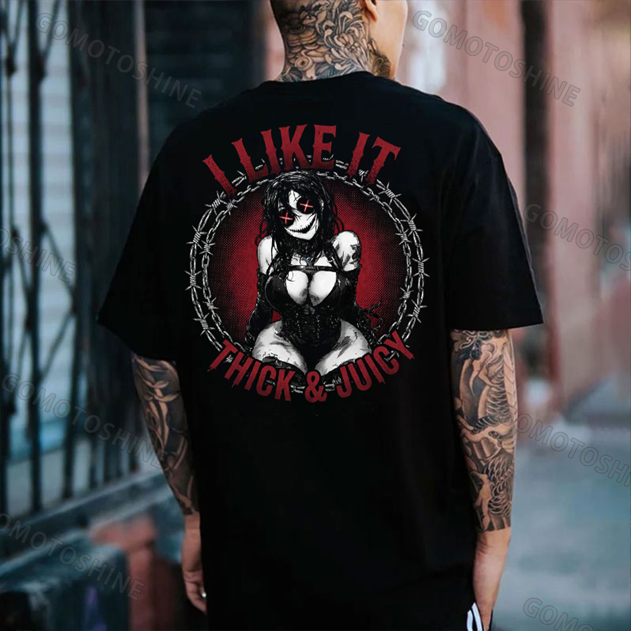 I Like It Thick & Juicy Dark Gothic Anime Girl Sexy Dark Gothic Anime Girl Barbed Wire Print Men's T-Shirt Image - 1